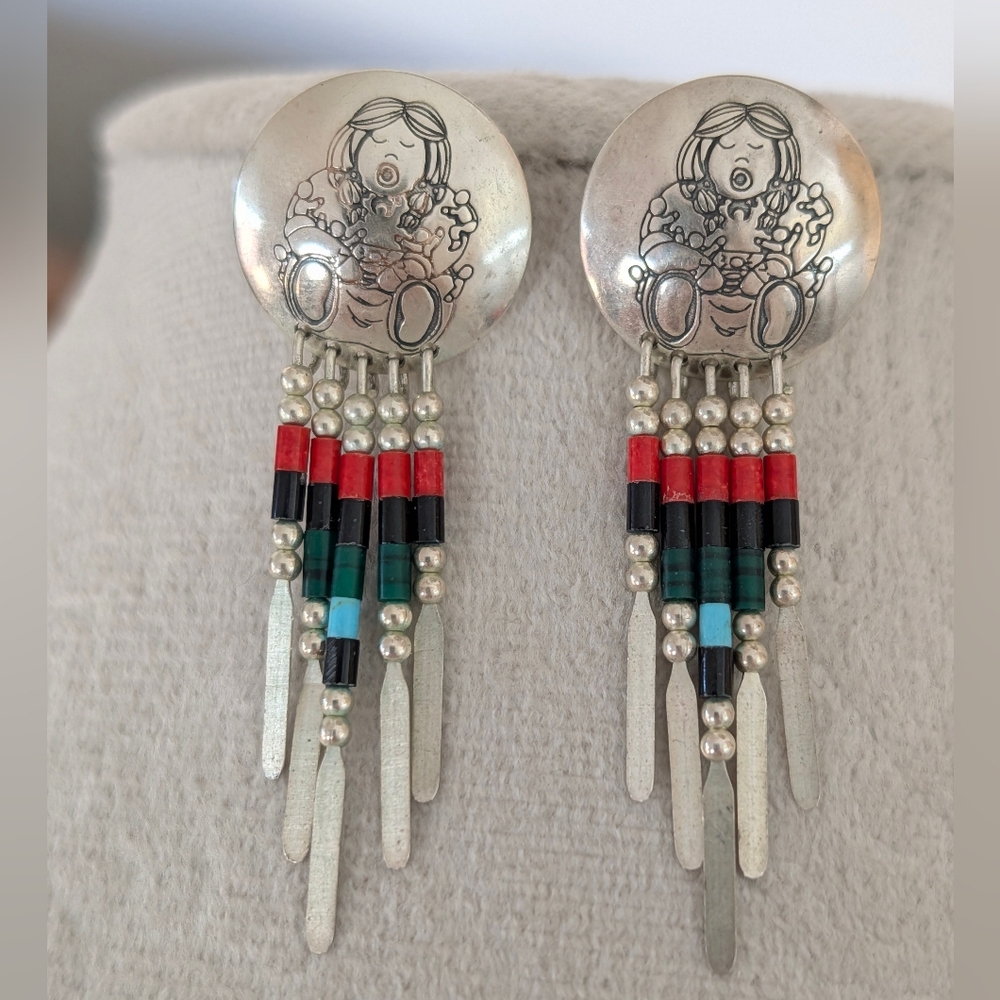 Artisan Silver Earrings with Red and Green Beads